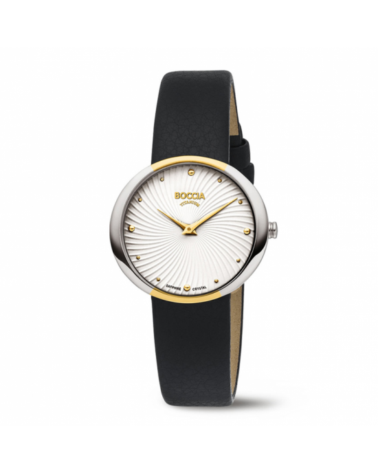 Boccia Titanium 3364-03 Dames  Dit dameshorloge van Boccia heeft een klassieke uitstraling. De 3364-03 heeft een ronde bicolor titanium horlogekast met een diameter van 32mm met een witte bewerkte wijzerplaat met een fijne uursaanduiding. Aan de titanium 