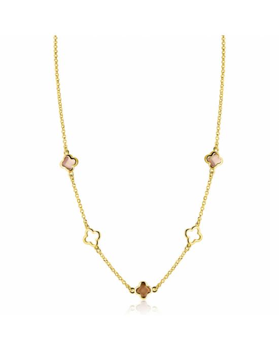 ZINZI gold plated zilveren collier, 40 + 5 cm met drie klavervormige zettingen met bruine kleurstenen, ZIC2772 - 11116306