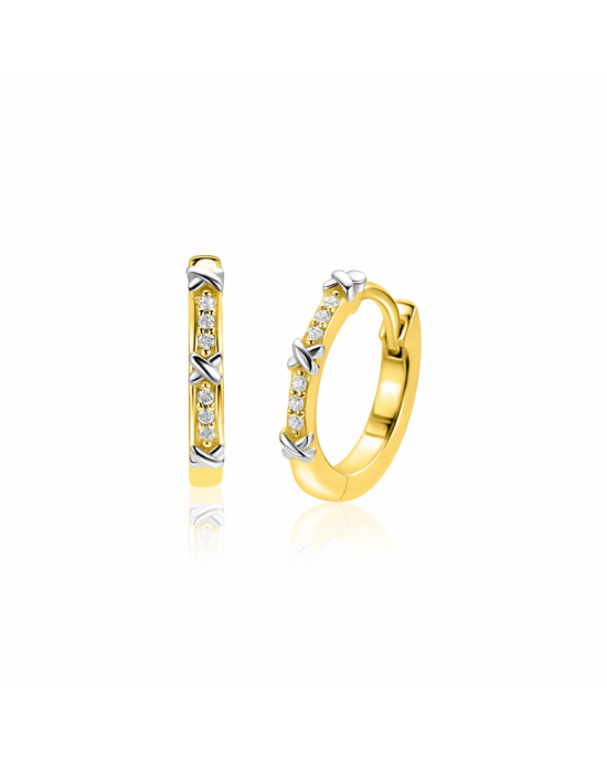 15mm ZINZI goldplated zilveren oorringen met kleine kruisjes tussen de witte zirkonia's, luxe klapsluiting ZIO2814 - 11116309