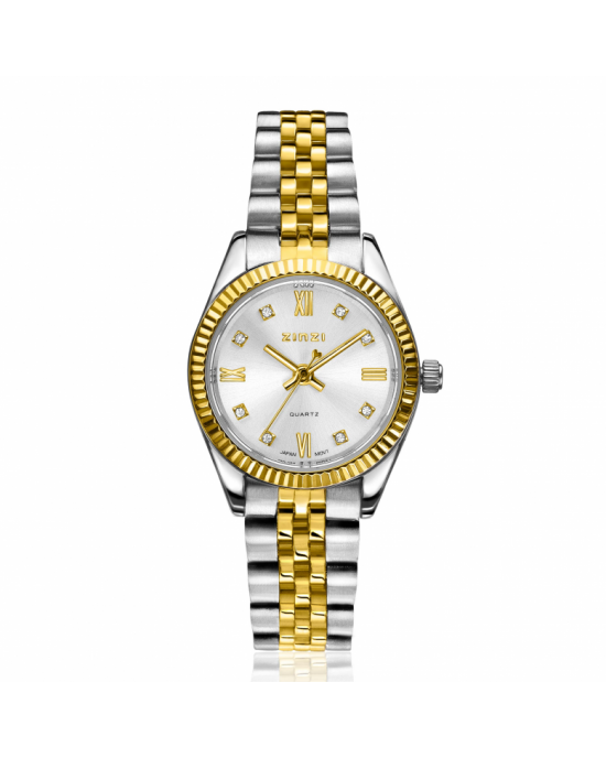 ZINZI Mini Iconic horloge 24mm met zilverkleurige wijzerplaat, witte zirkonia's als uur-aanduiding en stalen kast en bicolor band, Japans uurwerk ZIW2733 - 11116149