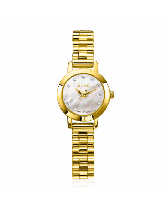 ZINZI Etoile Nuit horloge 20mm parelmoer wijzerplaat, witte zirkonia's als uur-aanduiding, goudkleurige stalen kast en schakelband, Japans uurwerk ZIW3134 - 11116179