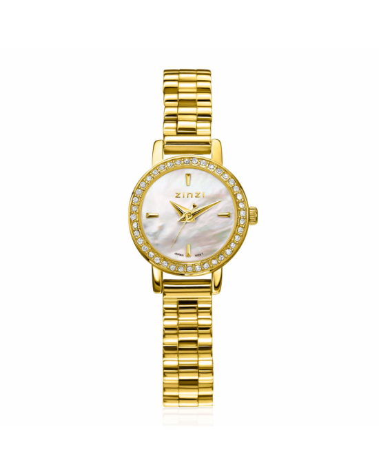 ZINZI Etoile horloge 20mm parelmoer wijzerplaat goudkleurige stalen kast rondom bezet met witte zirkonia's en goudkleurige schakelband ZIW3234 - 11116180