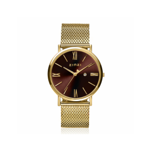 ZINZI Roman horloge 34 mm bruine wijzerplaat geelgoudkleurige stalen kast + mesh band, Japans uurwerk ZIW536M - 11116147