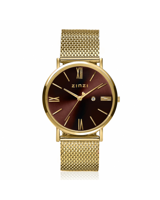 ZINZI Roman horloge 34 mm bruine wijzerplaat geelgoudkleurige stalen kast + mesh band, Japans uurwerk ZIW536M - 11116147