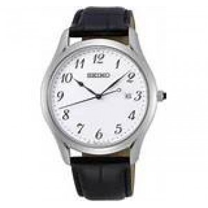 stalen Seiko horloge met lederen band, voorzien van een wit arabische wijzerplaat en saffierglas - 212801