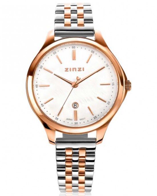 Zinzi Classy horloge, 34 mm kast rosé verguld, parelmoerwijzerplaat de band is bicolor staal en rosé, ZIW1018 - 213102