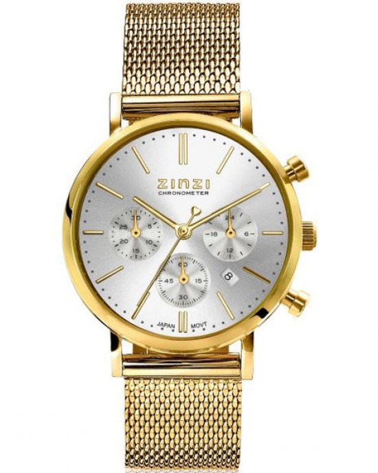 Zinzi Chrono horloge, kast en milanaise band geel double, zilverkleurige wijzerplaat + datum, ZIW1533 - 214493