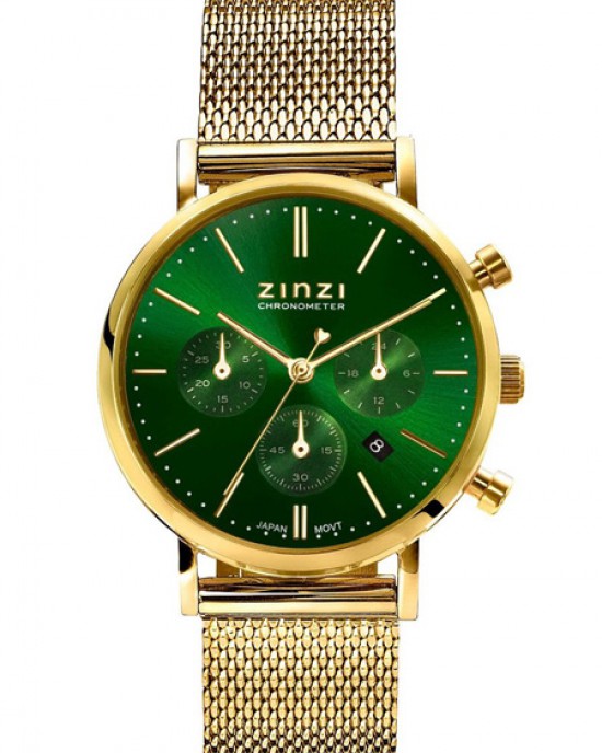Zinzi Chrono horloge, kast en milanaise band geel double, groene wijzerplaat + datum, ZIW1535 - 214496