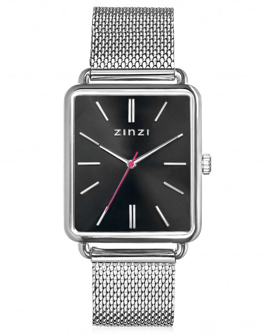 Zinzi horloge rechthoekige stalen kast " Large " met donkere wijzerplaat en stalen milanaise band ; ZIW901M - 209677